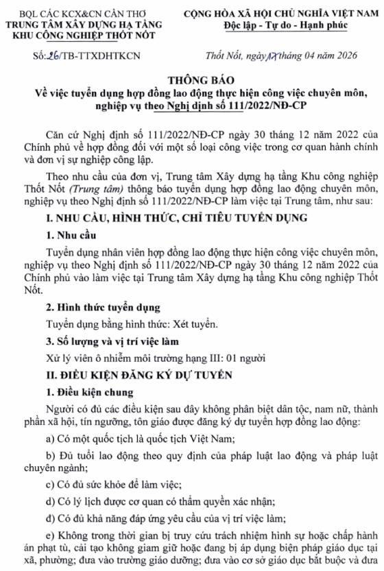 Trung tâm Xây dựng hạ tầng Khu công nghiệp Thốt Nốt, Cần Thơ tuyển dụng hợp đồng lao động
