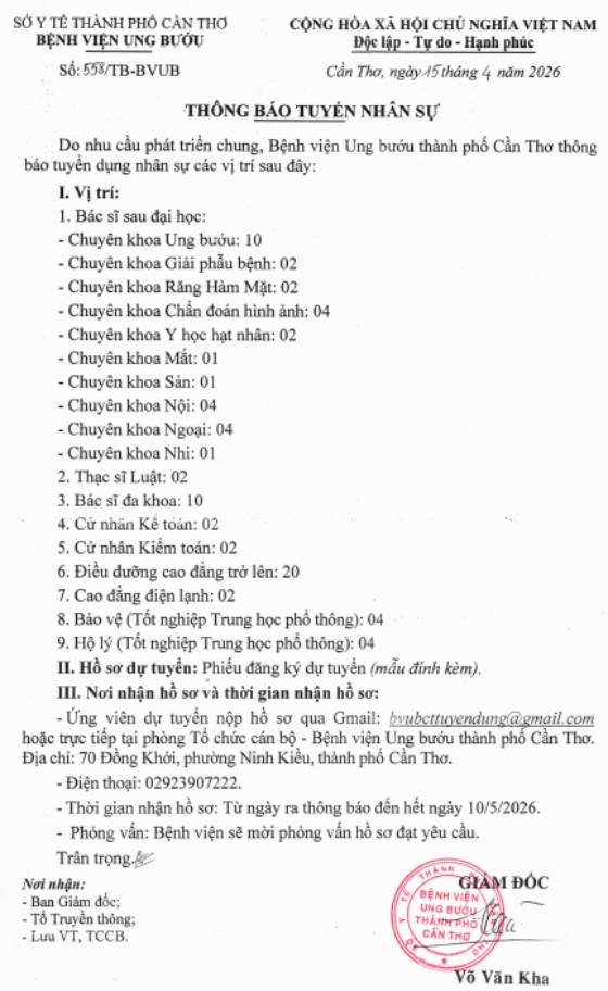 Bệnh viện Ung bướu thành phố Cần Thơ tuyển dụng nhân sự