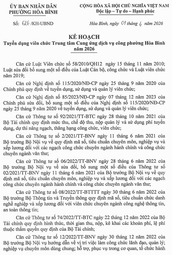 Trung tâm Cung ứng dịch vụ công phường Hòa Bình, TP. HCM tuyển dụng viên chức năm 2026