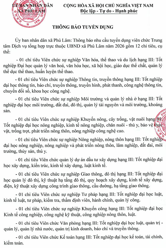 Trung tâm Dịch vụ tổng hợp trực thuộc UBND xã Phú Lâm, Đồng Nai tuyển dụng viên chức năm 2026