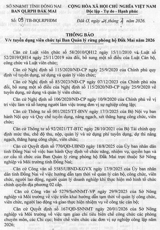 Ban Quản lý rừng phòng hộ Đắk Mai, Đồng Nai tuyển dụng viên chức năm 2026