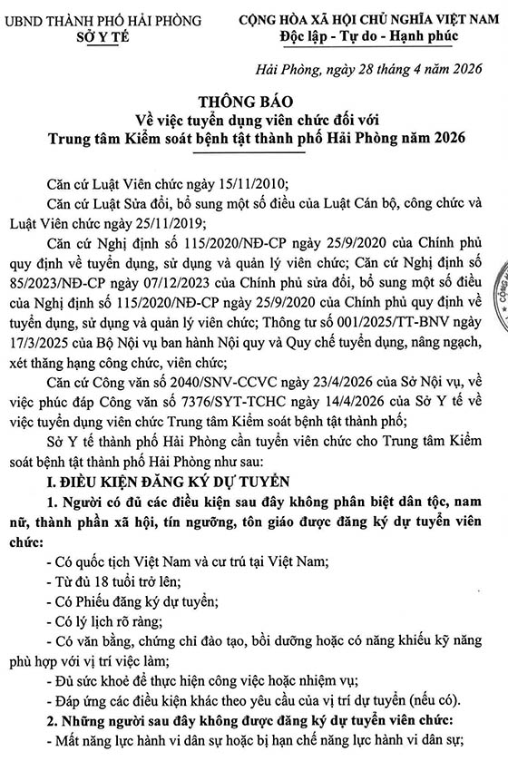 Trung tâm Kiểm soát bệnh tật TP. Hải Phòng tuyển dụng viên chức năm 2026