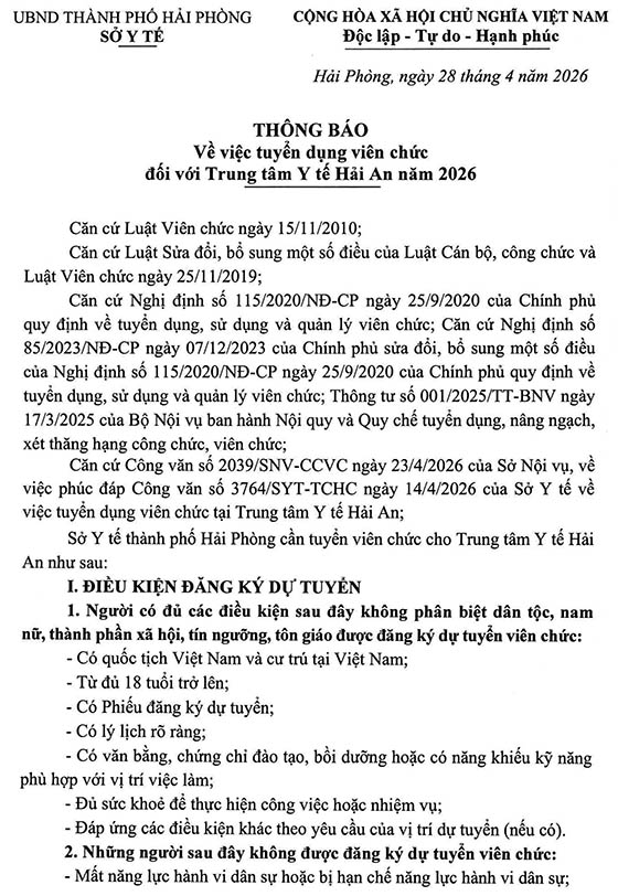 Trung tâm Y tế Hải An, TP. Hải Phòng tuyển dụng viên chức năm 2026