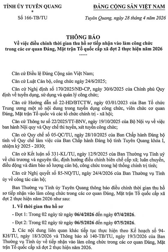 Mặt trận Tổ quốc cấp xã tỉnh Tuyên Quang điều chỉnh thời gian tiếp nhận vào làm công chức
