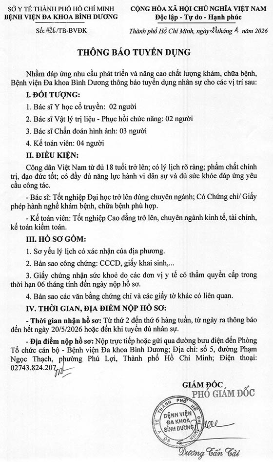 Bệnh viện Đa khoa Bình Dương tuyển dụng nhân sự