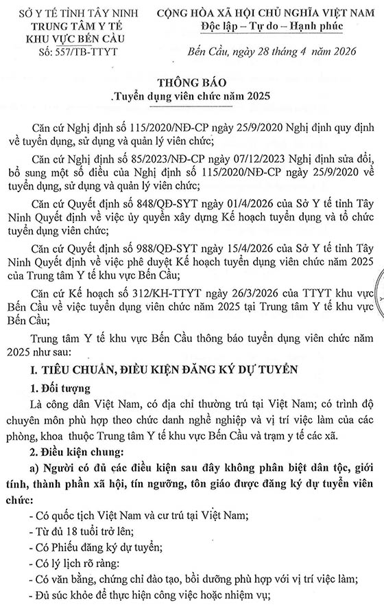 TTYT khu vực Bến Cầu, tỉnh Tây Ninh tuyển dụng viên chức năm 2025