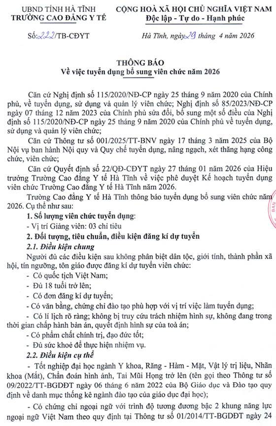 Trường Cao đẳng Y tế Hà Tĩnh tuyển dụng bổ sung viên chức năm 2026