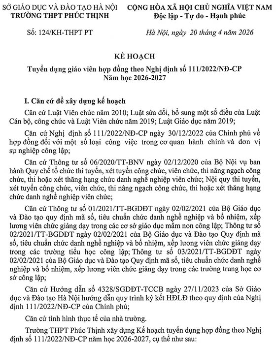 Trường THPT Phúc Thịnh, Hà Nội tuyển dụng giáo viên hợp đồng