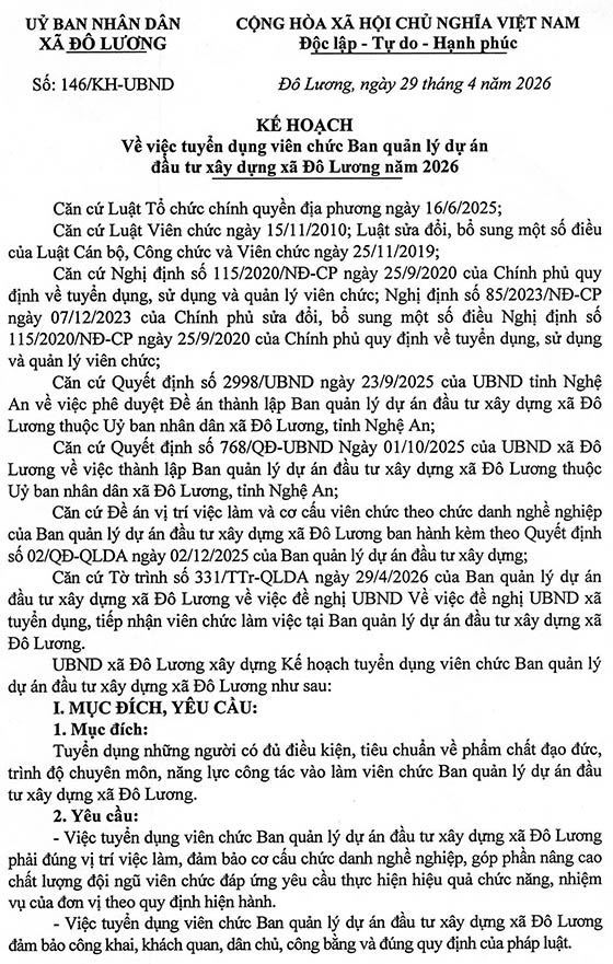 Ban QLDA đầu tư xây dựng xã Đô Lương, Nghệ An tuyển dụng viên chức