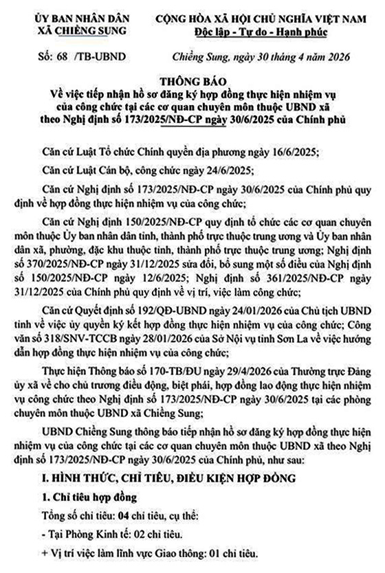 UBND xã Chiềng Sung, Sơn La tuyển dụng hợp đồng thực hiện nhiệm vụ của công chức