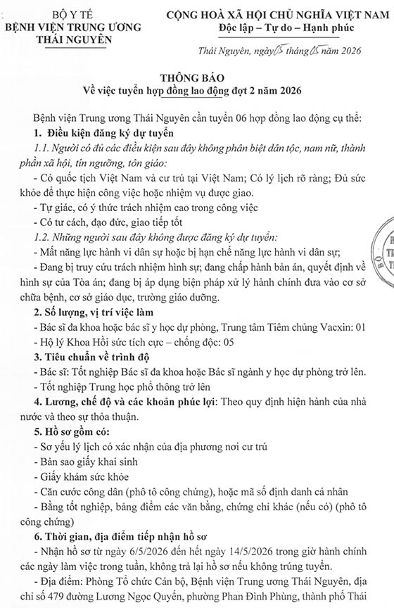 Bệnh viện Trung ương Thái Nguyên tuyển dụng HĐLĐ