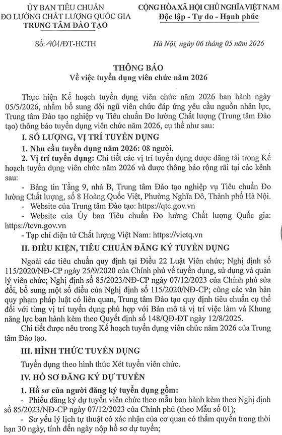 Trung tâm Đào tạo nghiệp vụ Tiêu chuẩn Đo lường Chất lượng tuyển dụng viên chức năm 2026