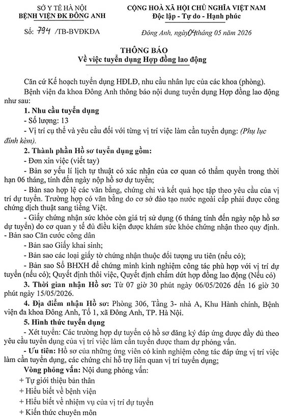 Bệnh viện đa khoa Đông Anh, Hà Nội tuyển dụng Hợp đồng lao động