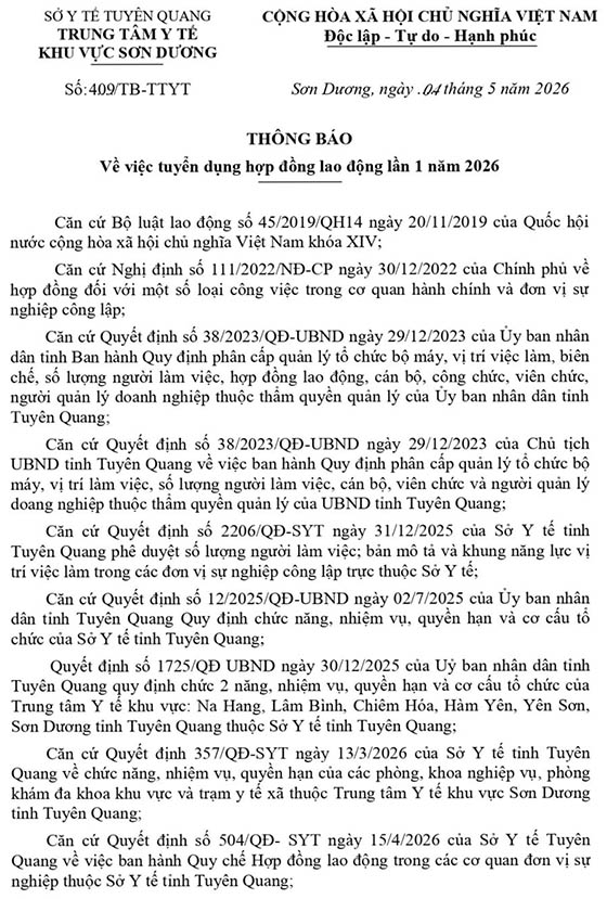 Trung tâm Y tế khu vực Sơn Dương, Tuyên Quang tuyển dụng HĐLĐ lần 1 năm 2026