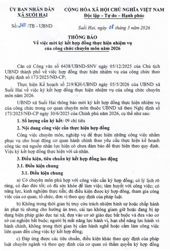 UBND xã Suối Hai, Hà Nội tuyển dụng hợp đồng thực hiện nhiệm vụ của công chức năm 2026