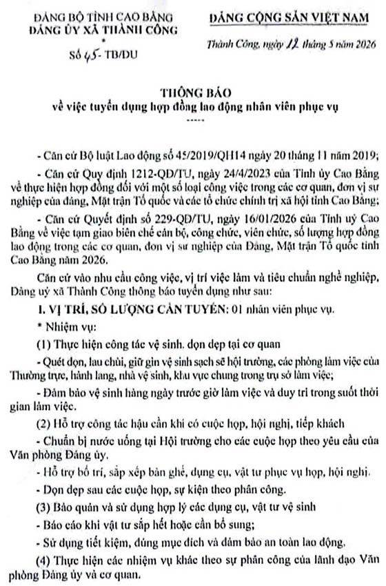 Đảng ủy xã Thành Công, Cao Bằng tuyển dụng nhân viên phục vụ
