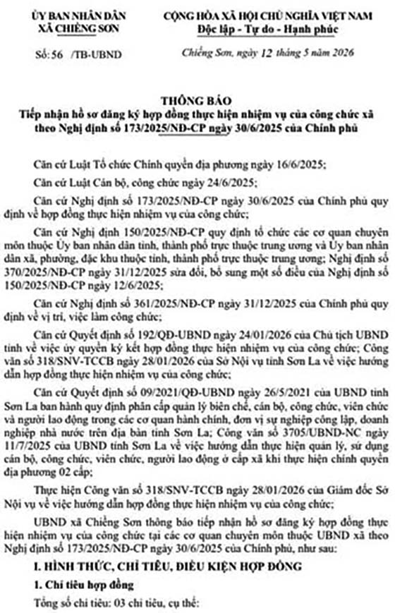 UBND xã Chiềng Sơn, Sơn La tiếp nhận hồ sơ đăng ký hợp đồng thực hiện nhiệm vụ của công chức