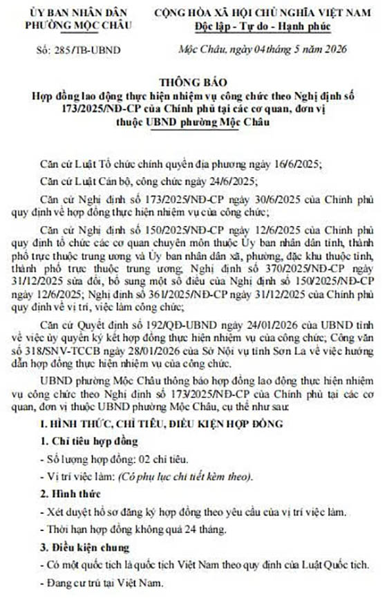 UBND phường Mộc Châu, tỉnh Sơn La tuyển dụng hợp đồng lao động