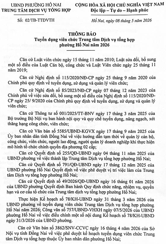 Trung tâm dịch vụ tổng hợp phường Hố Nai, Đồng Nai tuyển dụng viên chức năm 2026