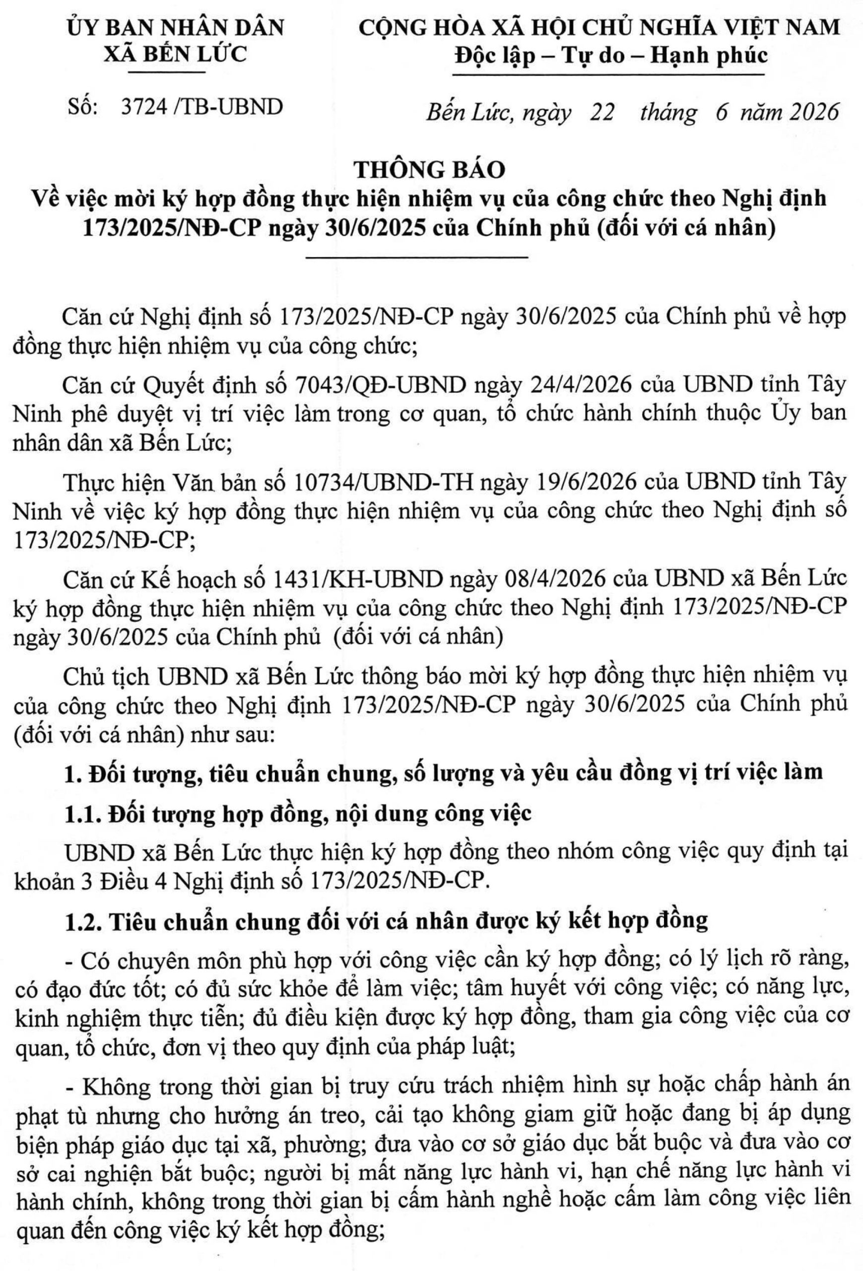 UBND xã Bến Lức, tỉnh Tây Ninh tuyển dụng hợp đồng thực hiện nhiệm vụ của công chức năm 2026