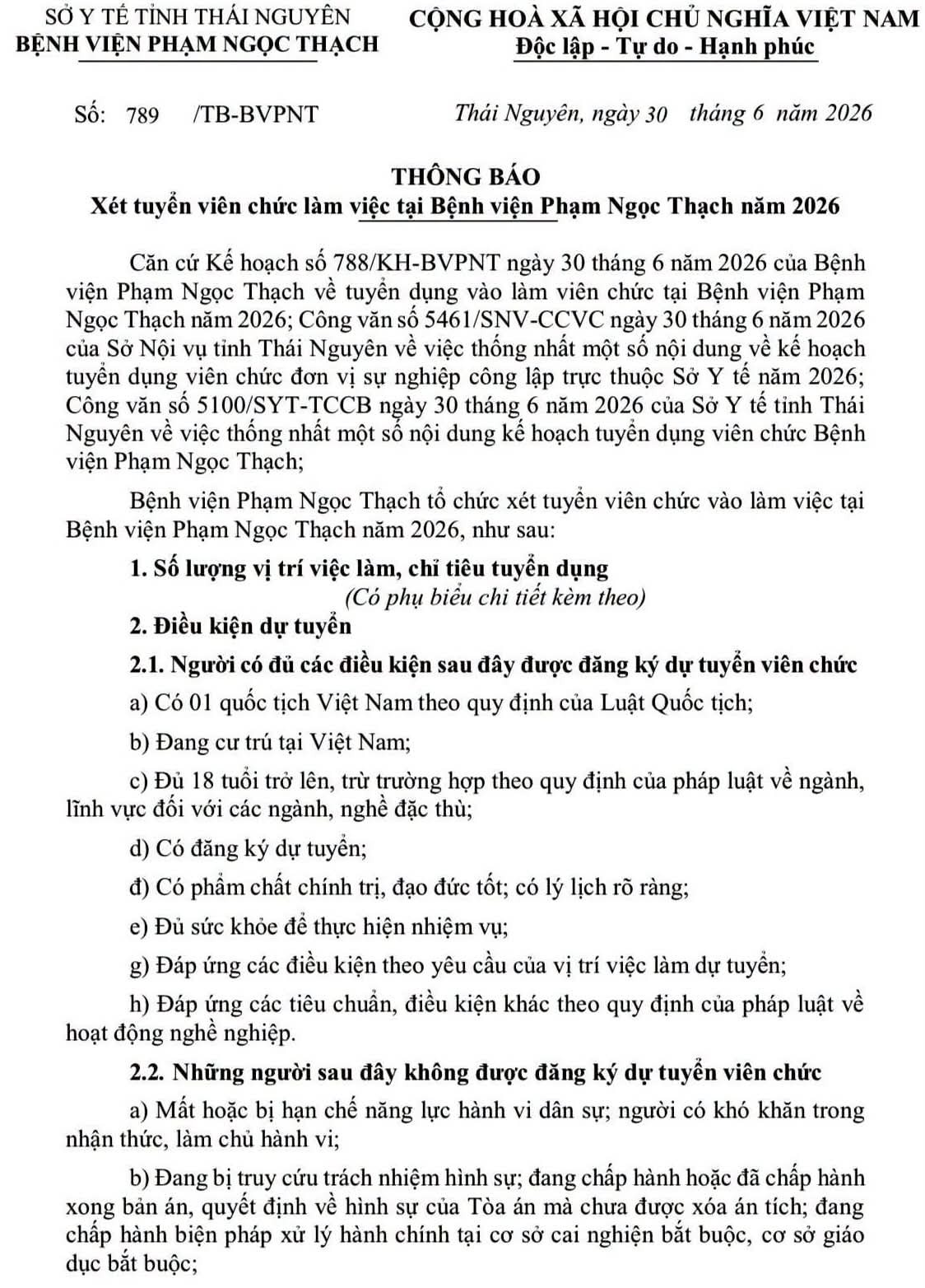 Bệnh viện Phạm Ngọc Thạch, tỉnh Thái Nguyên tuyển dụng viên chức năm 2026
