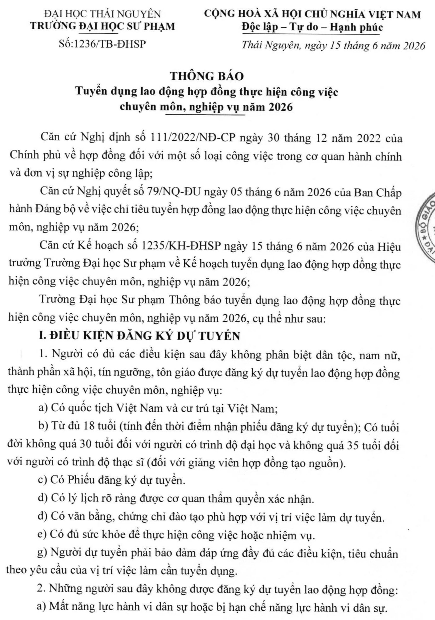 Trường Đại học Sư phạm, Đại học Thái Nguyên tuyển dụng hợp đồng lao động năm 2026