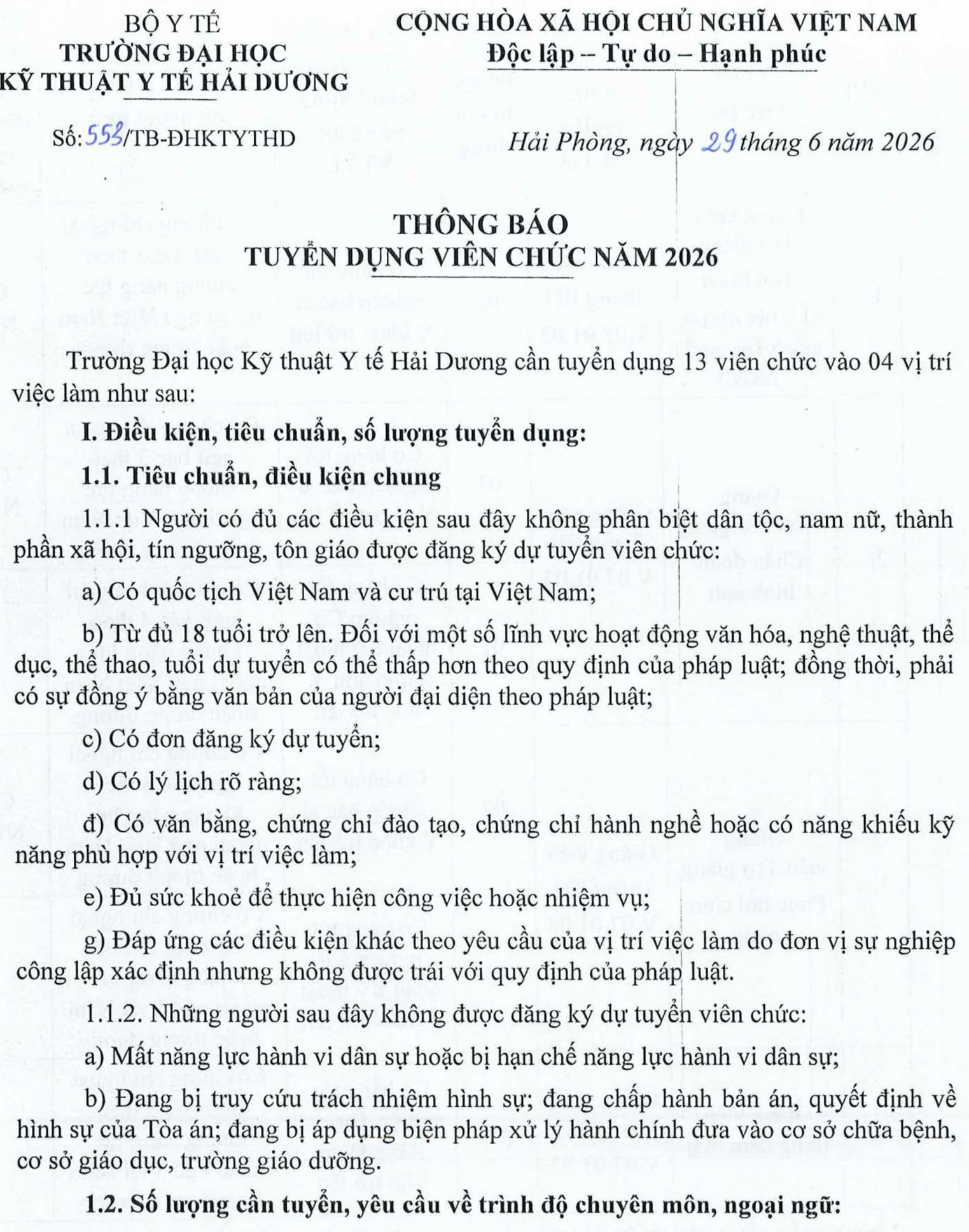 Trường Đại học Kỹ thuật Y tế Hải Dương, TP. Hải Phòng tuyển dụng viên chức năm 2026