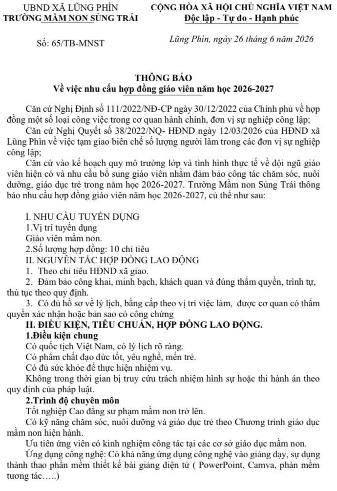 Trường Mầm non Sủng Trái, tỉnh Tuyên Quang tuyển dụng giáo viên hợp đồng năm học 2026-2027
