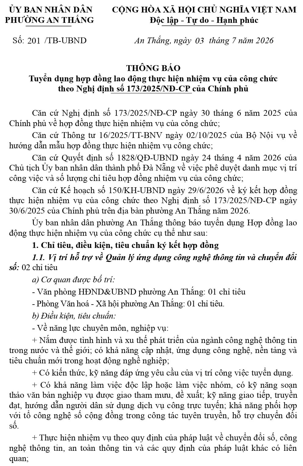 UBND phường An Thắng, TP. Đà Nẵng tuyển dụng hợp đồng thực hiện nhiệm vụ của công chức năm 2026