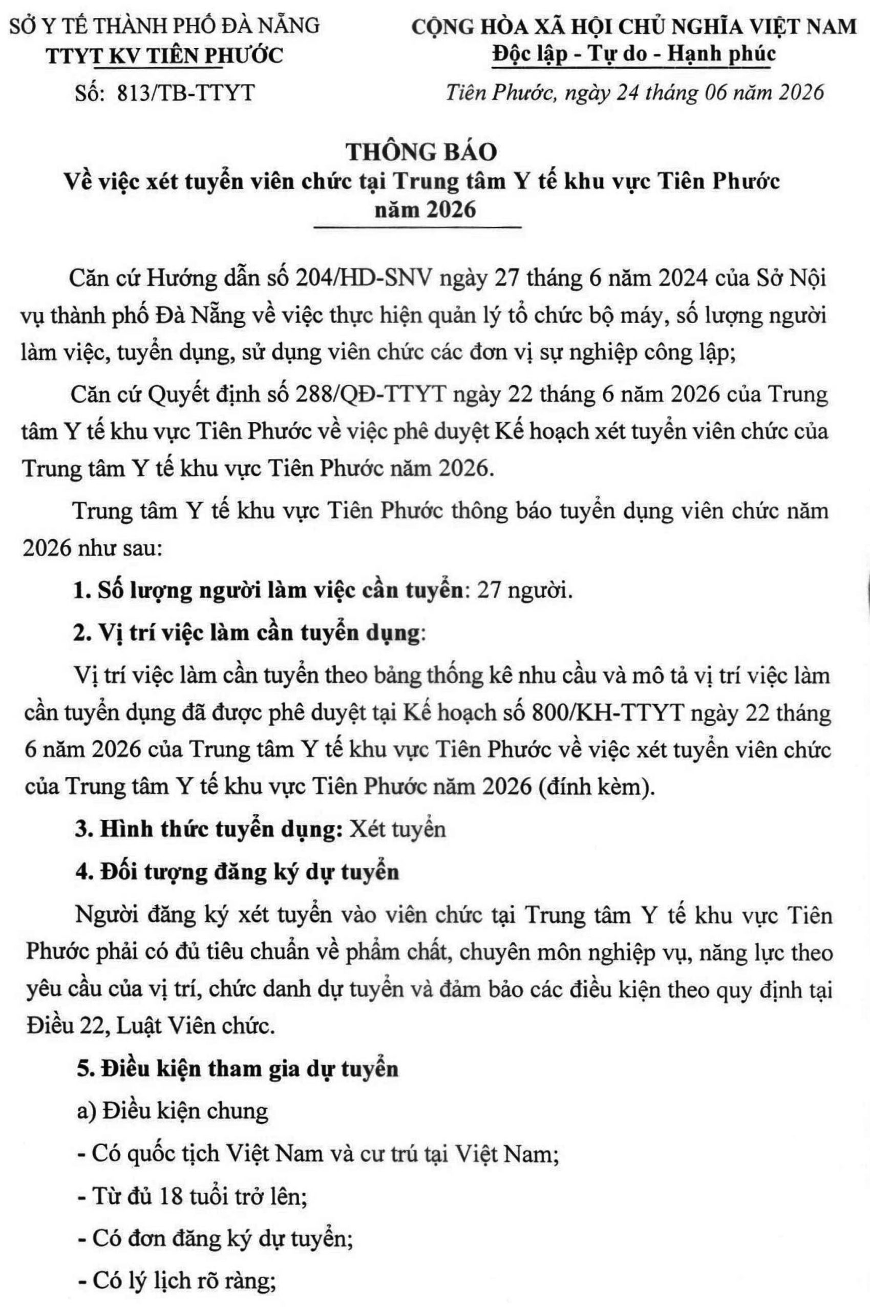 TT Y tế khu vực Tiên Phước, TP. Đà Nẵng tuyển dụng viên chức năm 2026