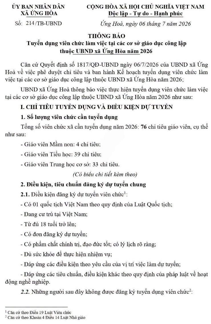 UBND xã Ứng Hòa, TP. Hà Nội tuyển dụng viên chức năm 2026