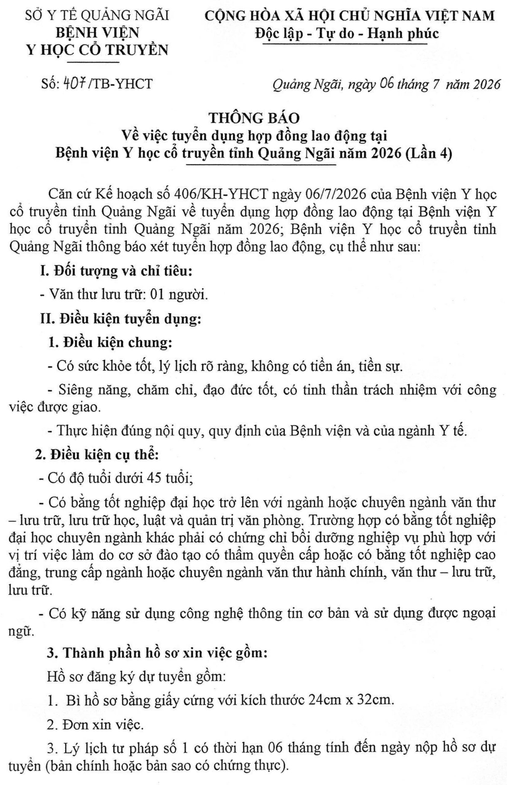 Bệnh viện Y học cổ truyền tỉnh Quảng Ngãi tuyển dụng hợp đồng lao động lần 4 năm 2026