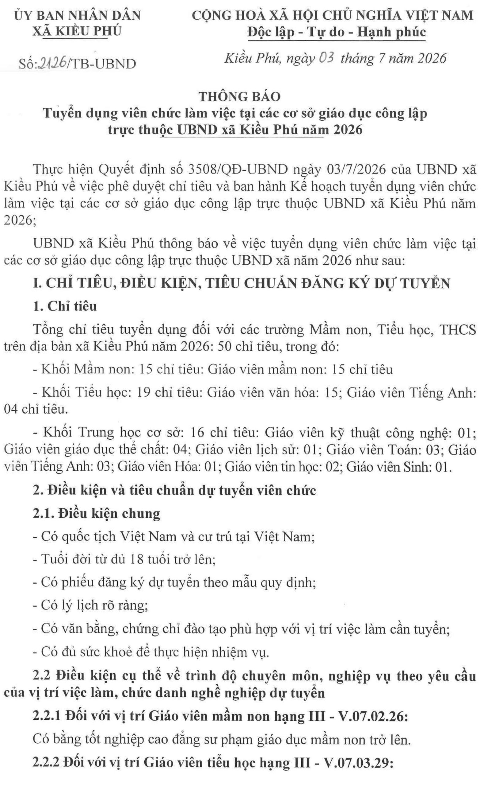 UBND xã Kiều Phú, TP. Hà Nội tuyển dụng viên chức năm 2026