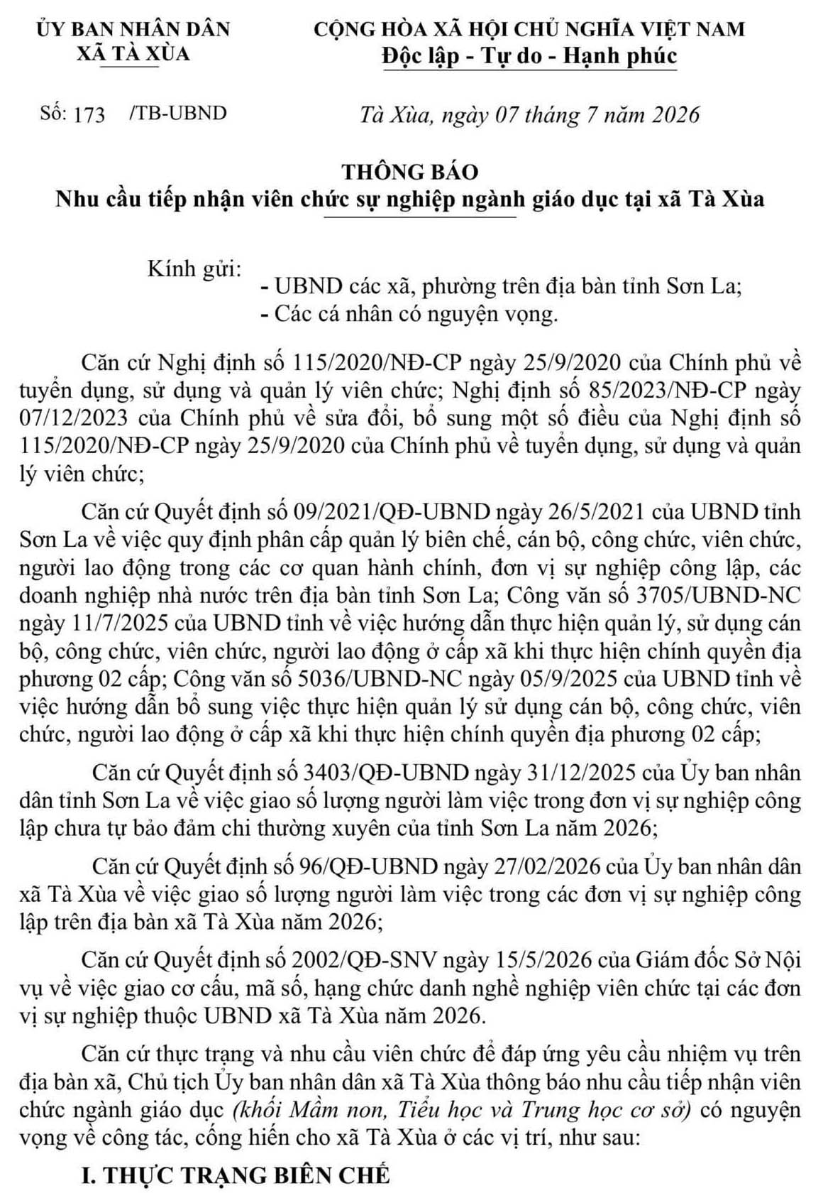 UBND xã Tà Xùa, tỉnh Sơn La tiếp nhận viên chức sự nghiệp ngành giáo dục năm 2026