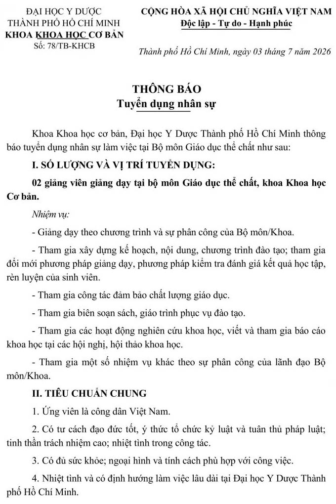 Khoa Khoa học Cơ bản – Đại học Y Dược TP. HCM tuyển dụng giảng viên bộ môn GDTC năm 2026