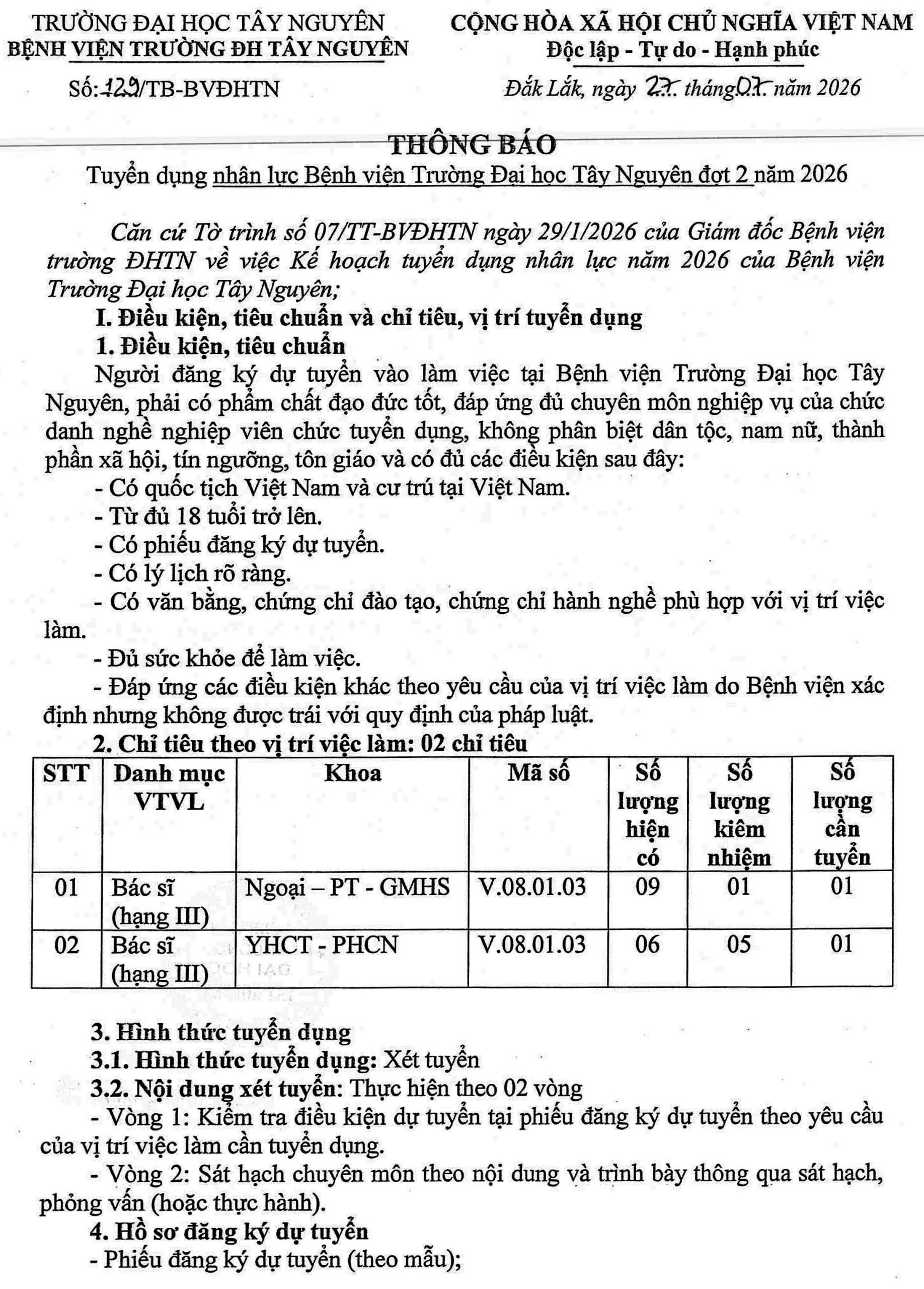 Bệnh viện Trường Đại học Tây Nguyên, tỉnh Đắk Lắk tuyển dụng nhân sự đợt 2 năm 2026