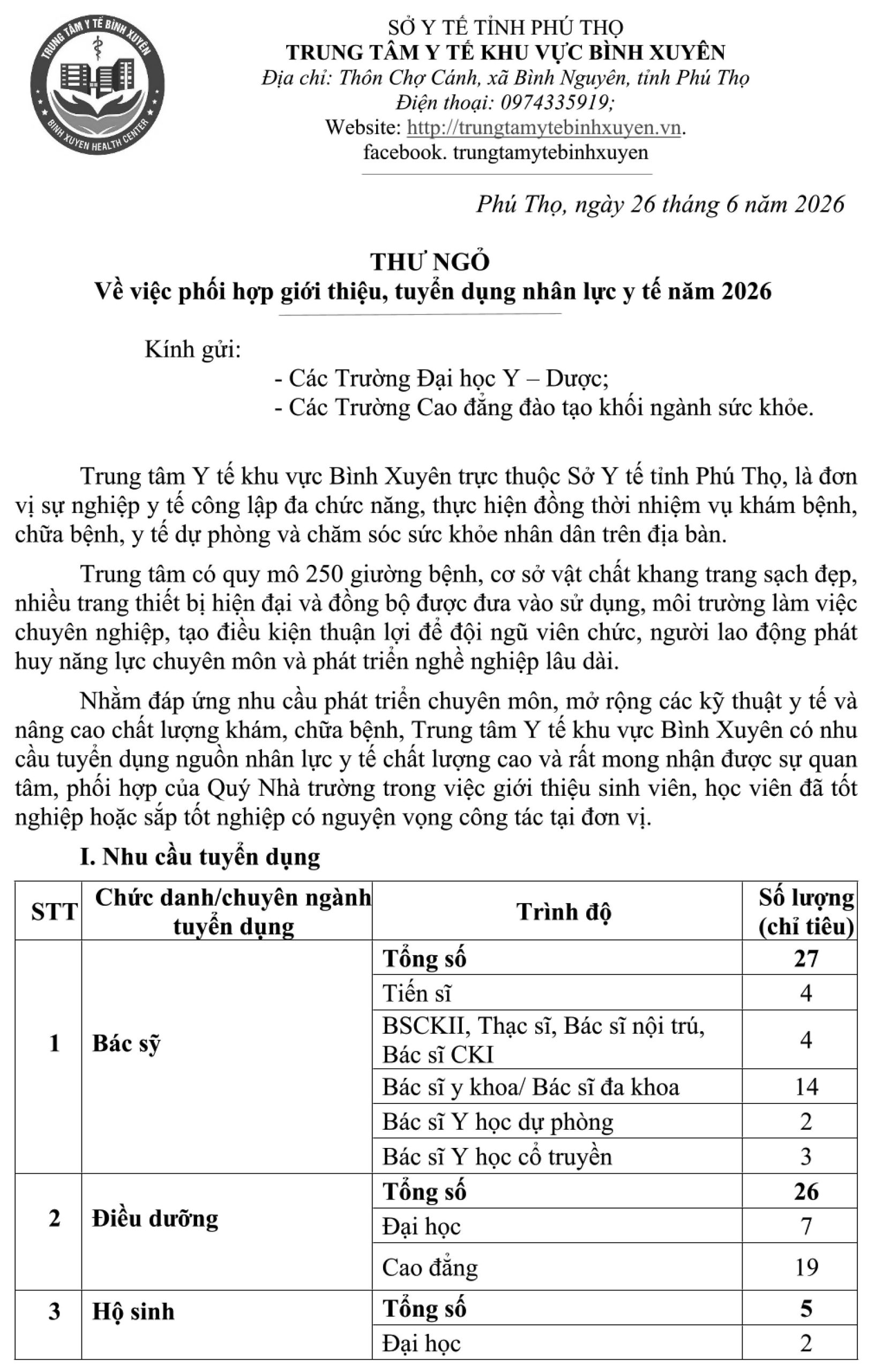 Trung tâm Y tế khu vực Bình Xuyên, tỉnh Phú Thọ tuyển dụng nhân sự năm 2026