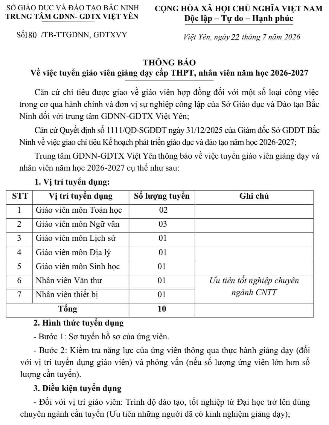 Trung tâm GDNN-GDTX Việt Yên, tỉnh Bắc Ninh tuyển dụng giáo viên, nhân viên năm học 2026-2027