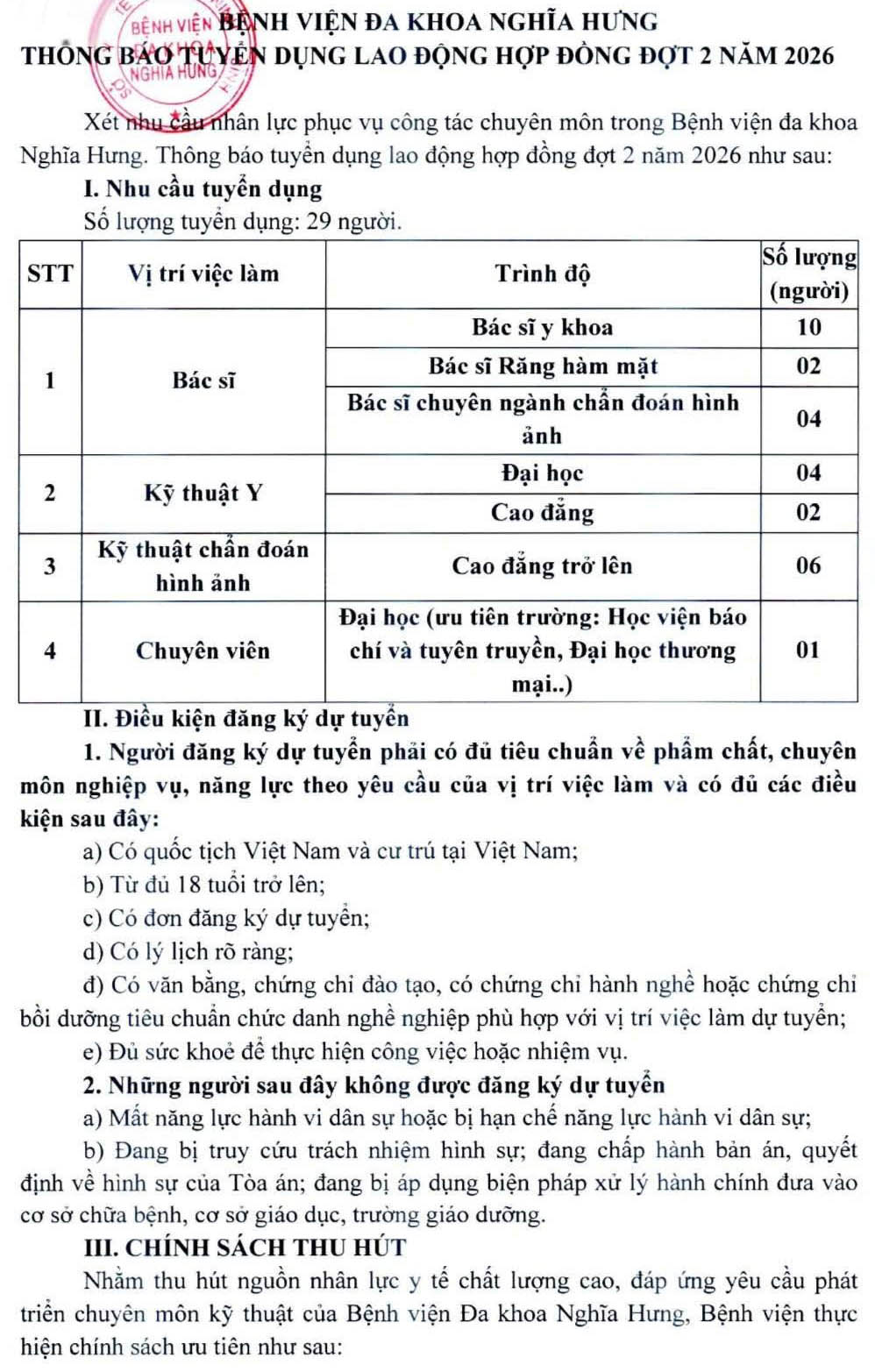 Bệnh viện Đa khoa Nghĩa Hưng, tỉnh Ninh Bình tuyển dụng hợp đồng lao động đợt 2 năm 2026