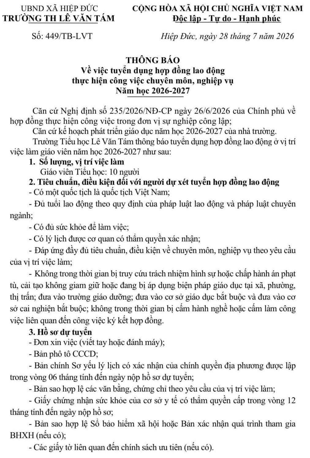 Trường TH Lê Văn Tám, TP. Đà Nẵng tuyển dụng hợp đồng lao động năm học 2026-2027