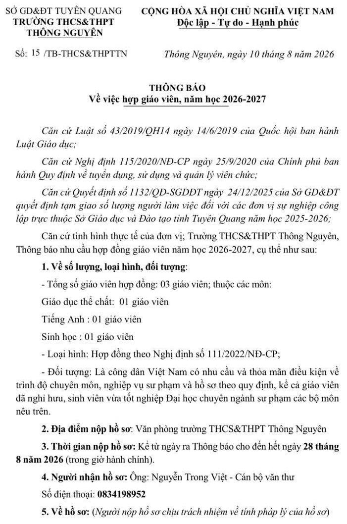 Trường THCS & THPT Thông Nguyên, Tuyên Quang tuyển dụng giáo viên hợp đồng năm học 2026-2027