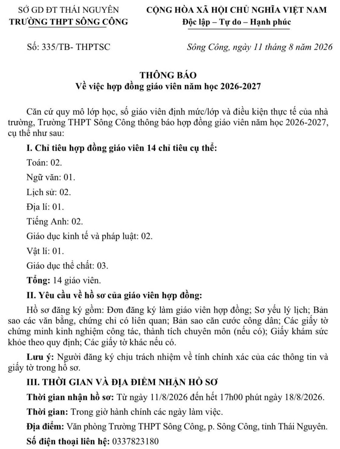 Trường THPT Sông Công, tỉnh Thái Nguyên tuyển dụng giáo viên hợp đồng năm học 2026-2027