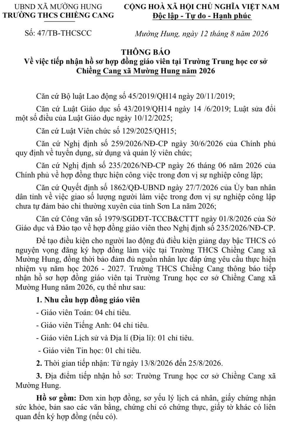 Trường THCS Chiềng Cang, tỉnh Sơn La tiếp nhận giáo viên hợp đồng năm 2026