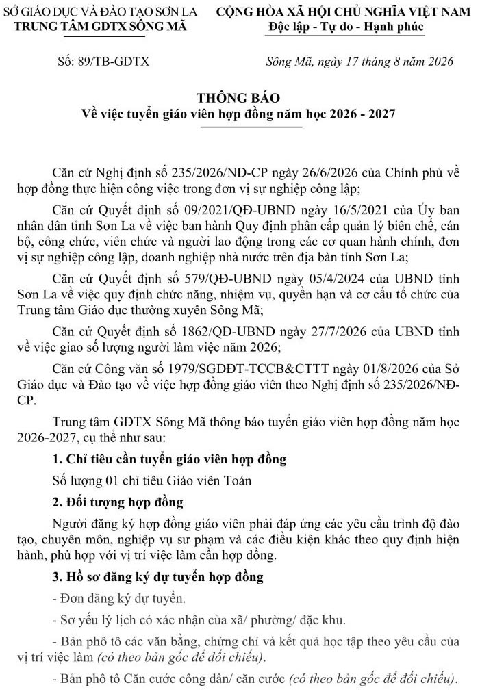 Trung tâm GDTX Sông Mã, tỉnh Sơn La tuyển dụng giáo viên hợp đồng năm học 2026-2027