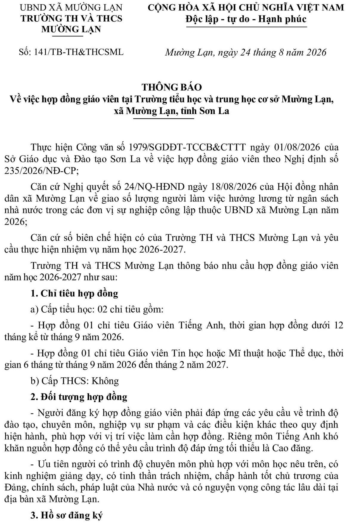 Trường TH và THCS Mường Lạn, tỉnh Sơn La tuyển dụng giáo viên hợp đồng năm học 2026-2027