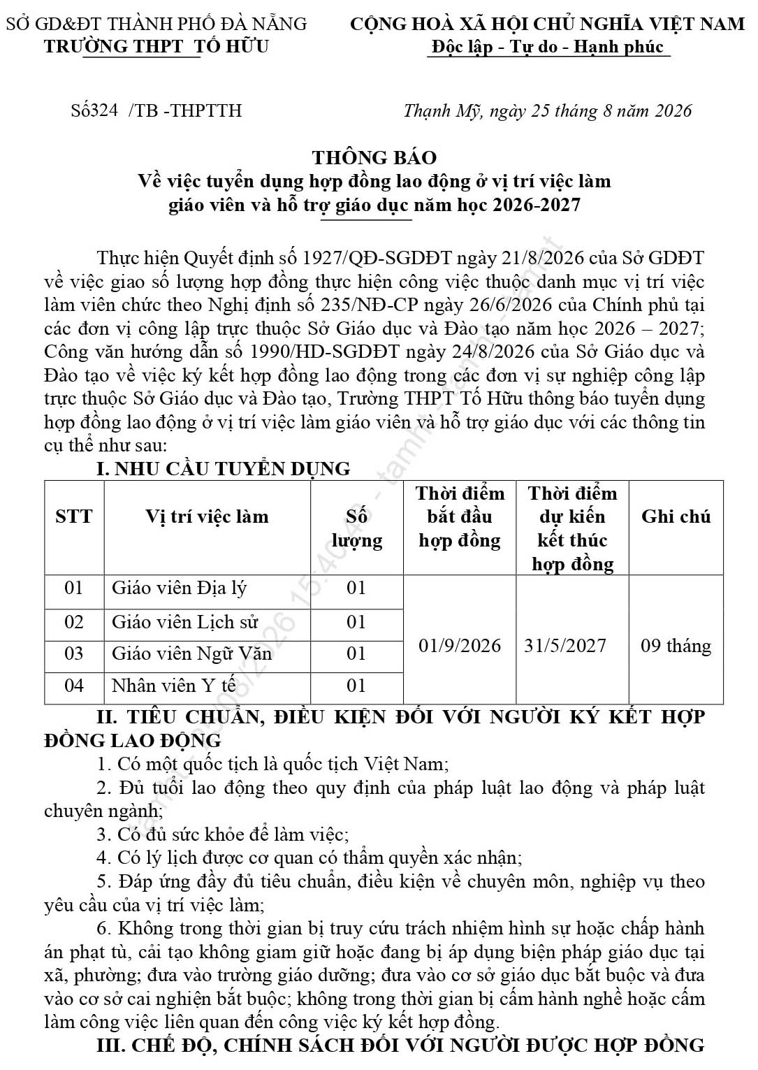 Trường THPT Tố Hữu, TP. Đà Nẵng tuyển dụng giáo viên, nhân viên hợp đồng năm học 2026-2027