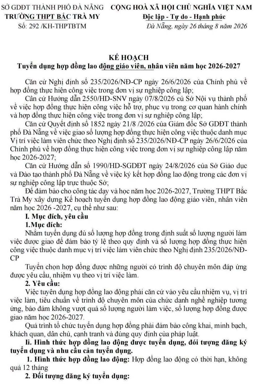 Trường THPT Bắc Trà My, TP. Đà Nẵng tuyển dụng giáo viên, nhân viên hợp đồng năm học 2026-2027