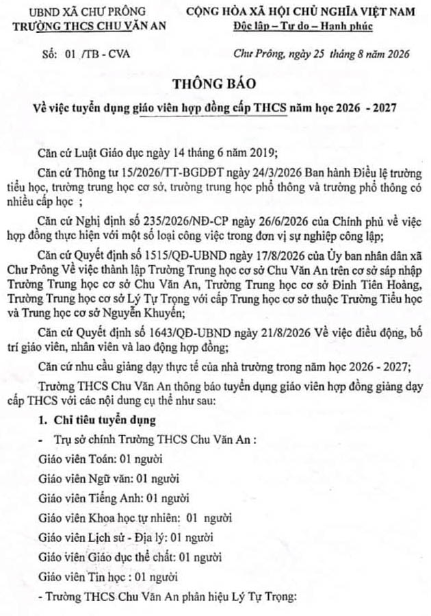 Trường THCS Chu Văn An, tỉnh Gia Lai tuyển dụng giáo viên hợp đồng năm học 2026-2027