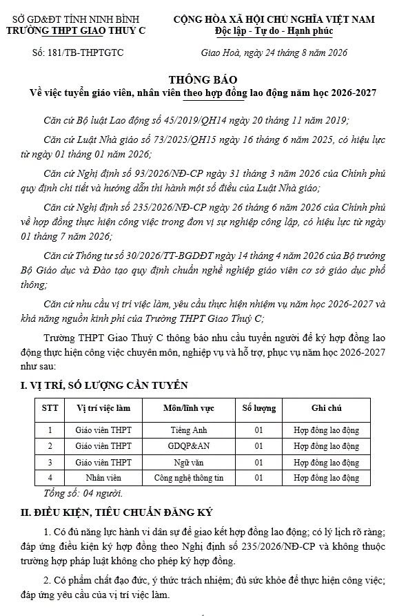 Trường THPT Giao Thuỷ C, tỉnh Ninh Bình tuyển dụng giáo viên, nhân viên hợp đồng năm học 2026-2027