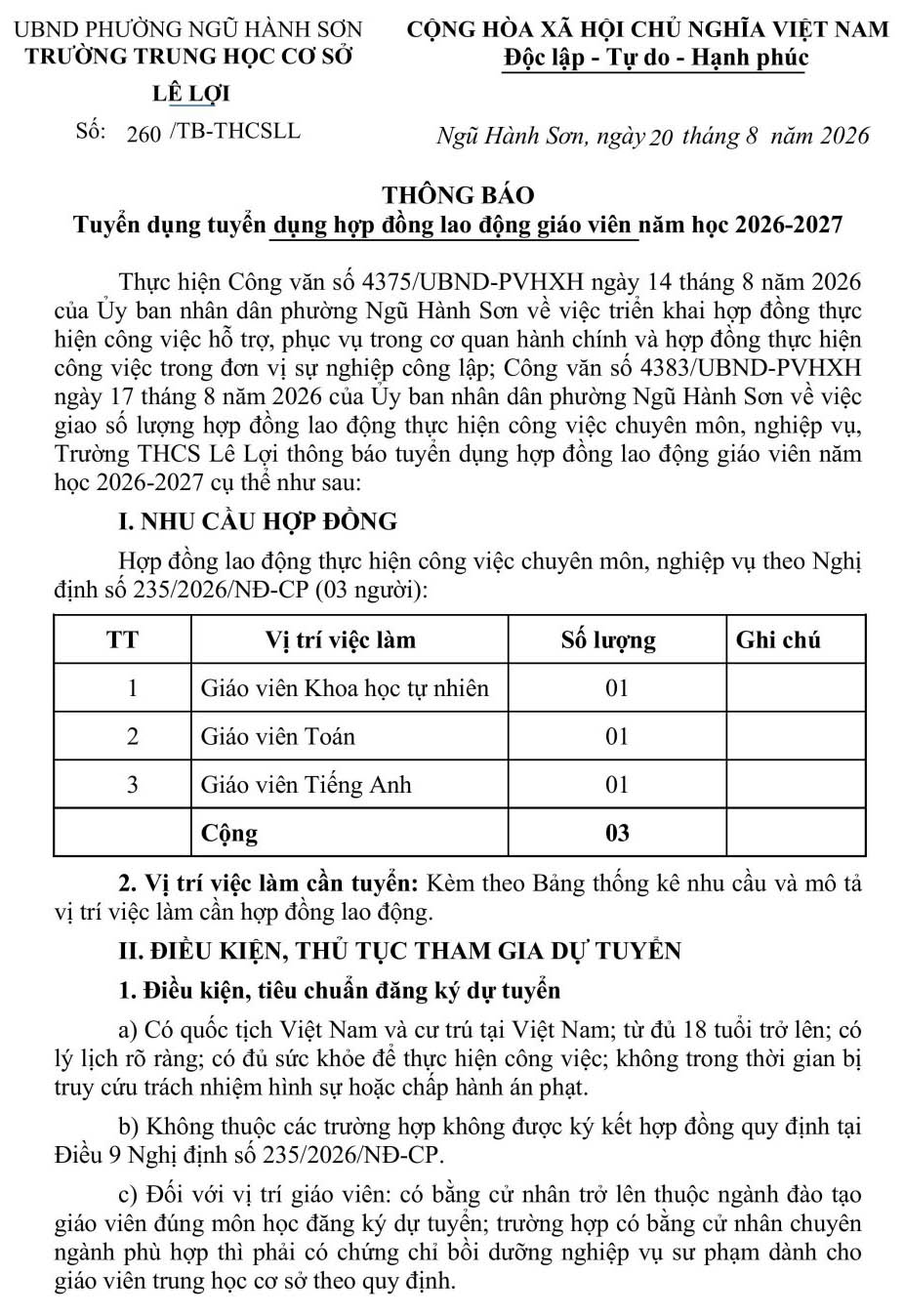 Trường THCS Lê Lợi, TP. Đà Nẵng tuyển dụng giáo viên hợp đồng năm học 2026-2027
